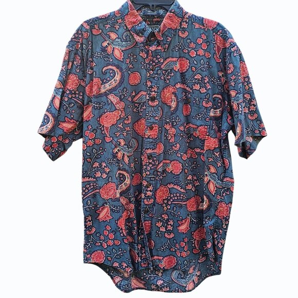 Vintage Chaps Ralph Lauren Mens Blue Red Floral Pocket Button Down Shirt Large - Picture 1 of 6